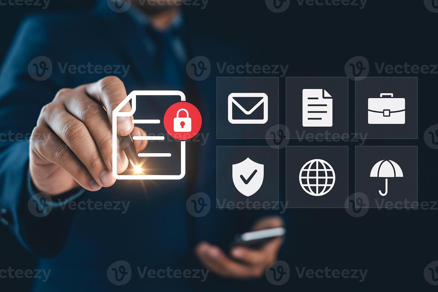 Secure Digital Document Interface with Business Data Protection Icons photo
