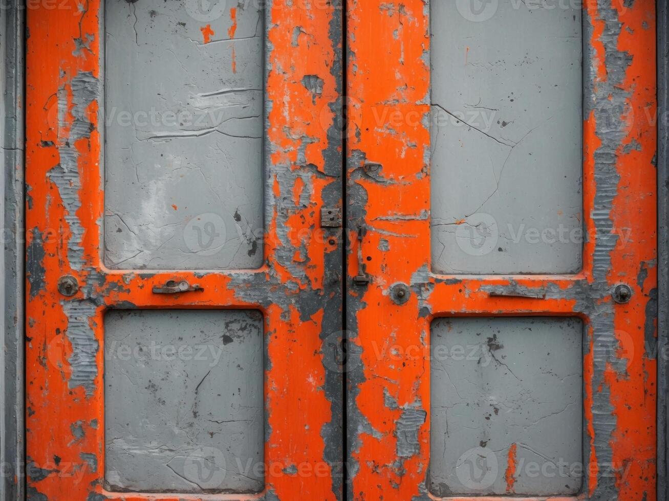 Old Industrial Door with Peeling Orange Paint and Gray Panels, Cracked Texture. photo