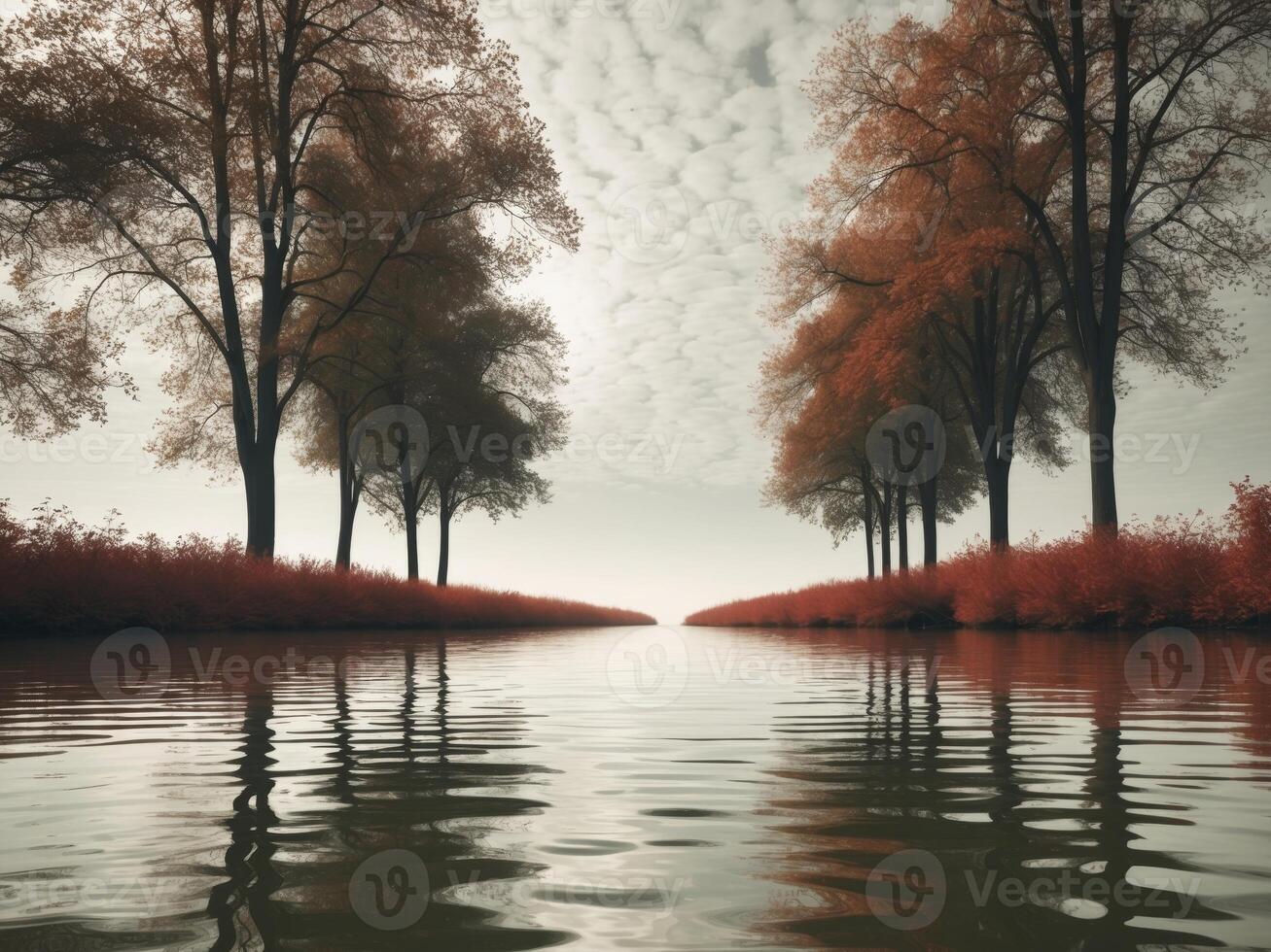 Tranquil Autumn River Landscape with Trees and Reflections on a Cloudy Day. photo