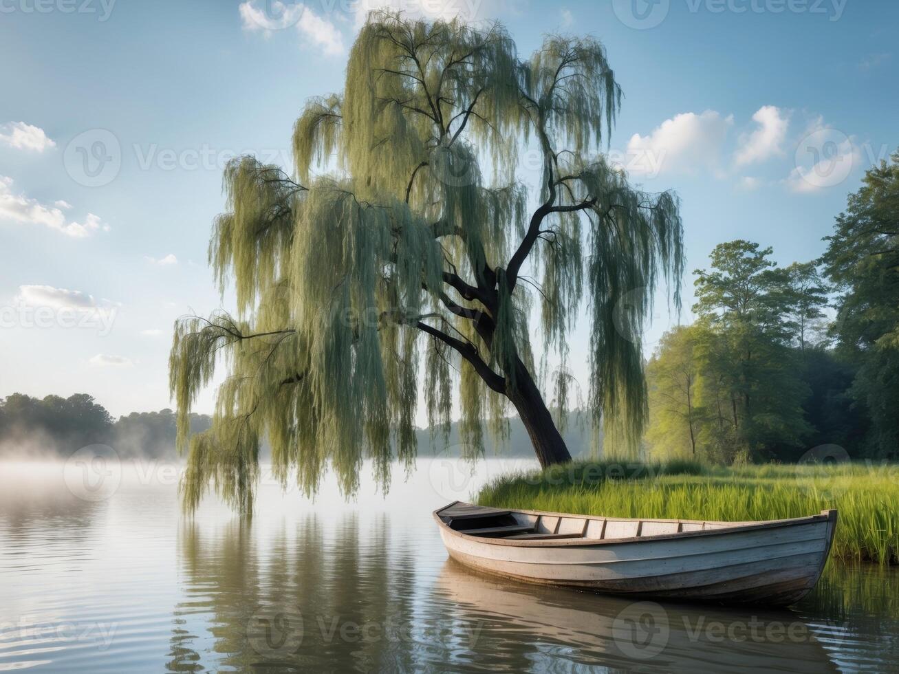Serene Lake Scene with Willow Tree and Boat, Misty Morning Tranquility. photo