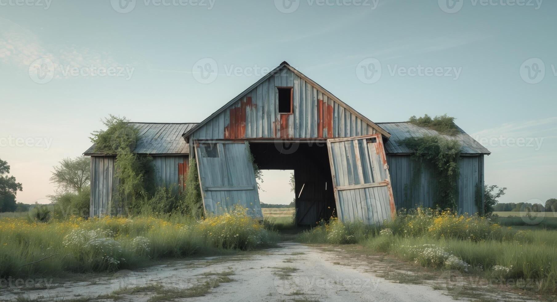 Abandoned Barn on a Rural Road, Overgrown with Vegetation, at the Edge of a Field. photo
