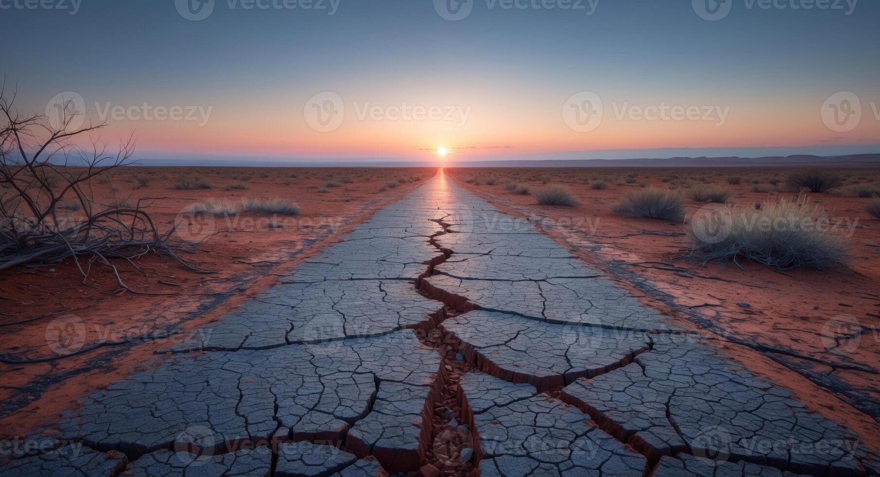 Cracked Road to the Horizon. A Desert Landscape at Sunrise, Endless Journey photo