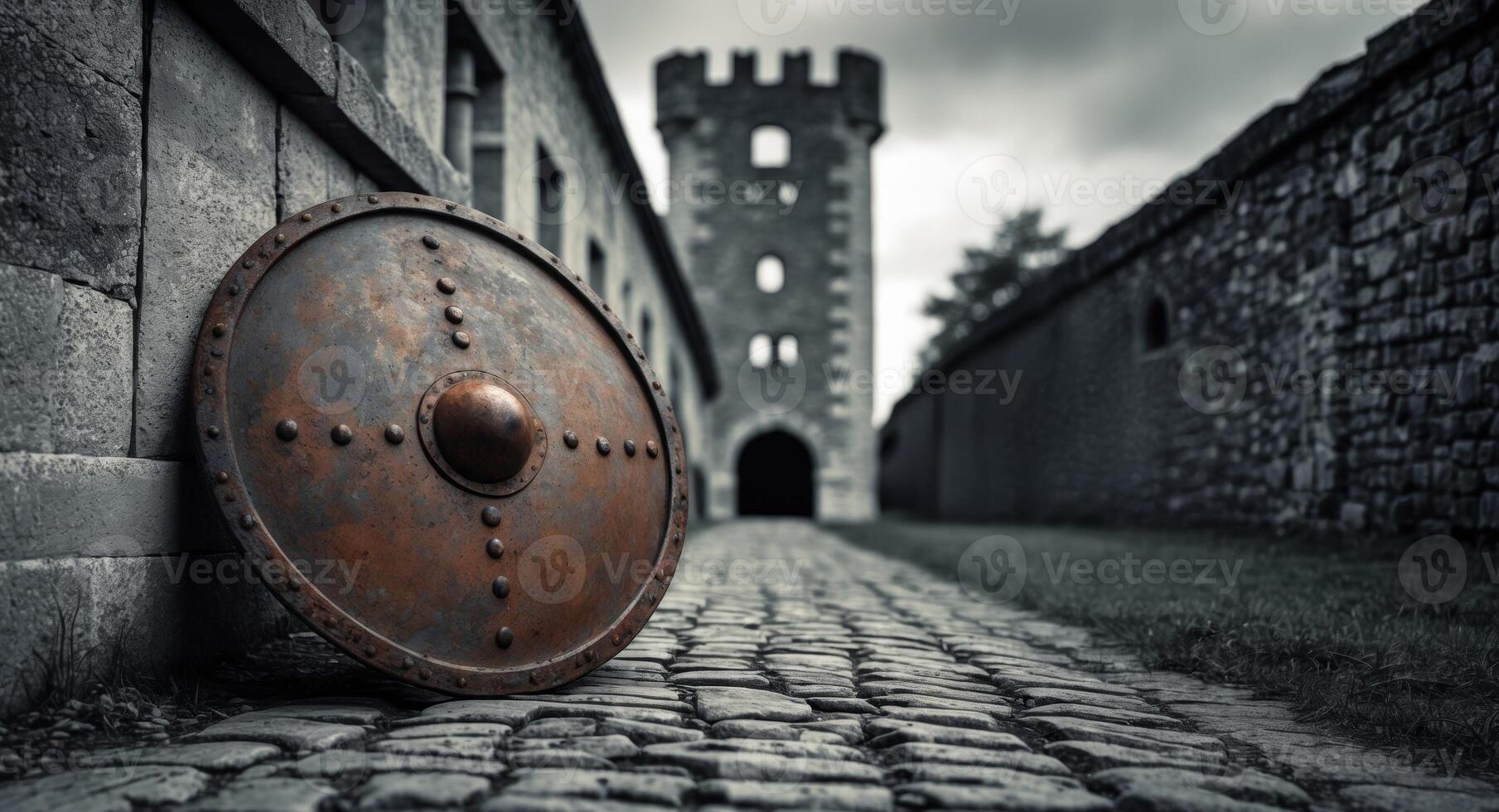 Medieval Shield Leaning Against Stone Wall at Ancient Castle Entrance, Fortress View photo