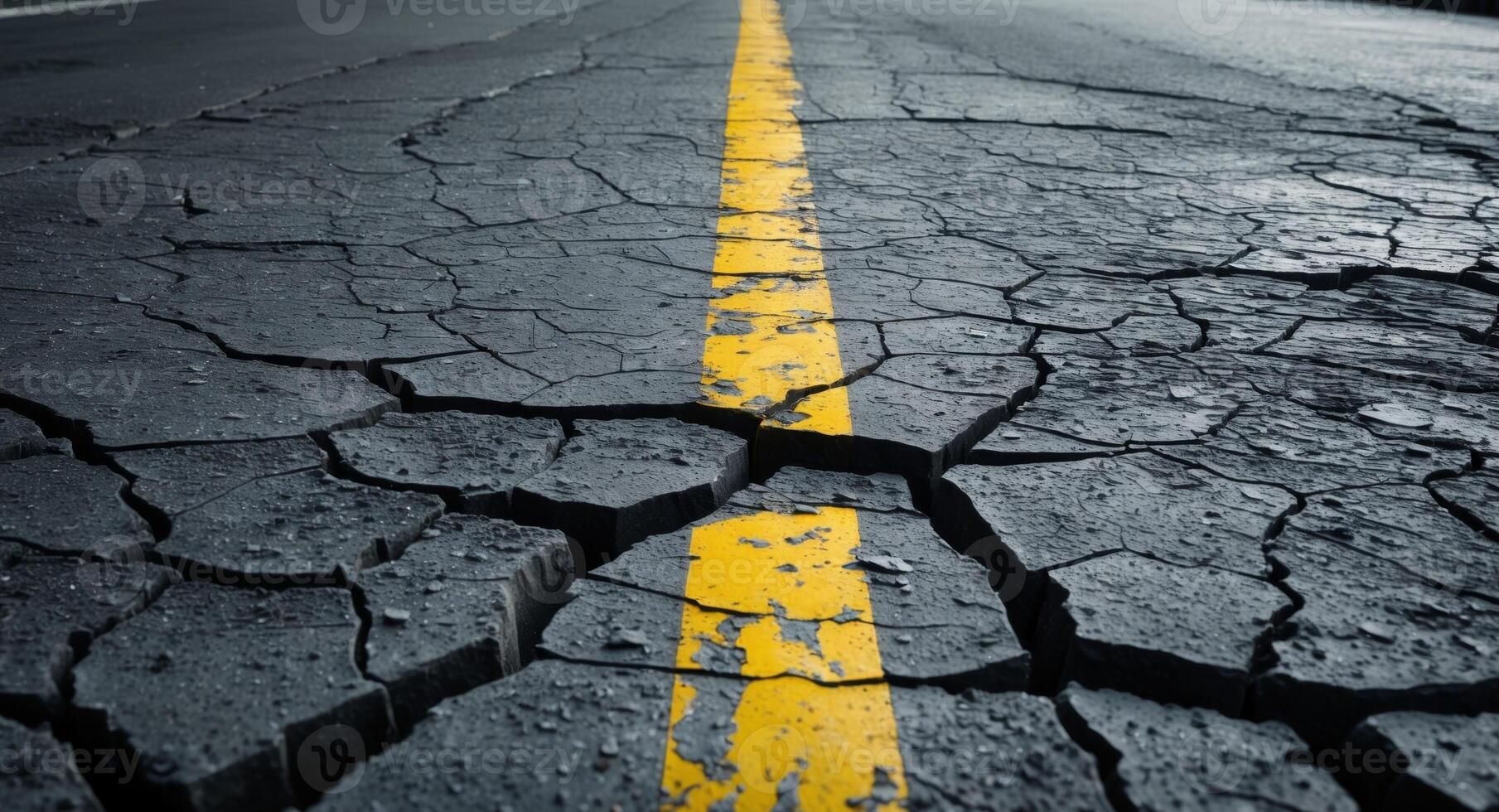 Cracked Asphalt Road with Yellow Line. A Symbol of Deterioration and Infrastructure Decay photo