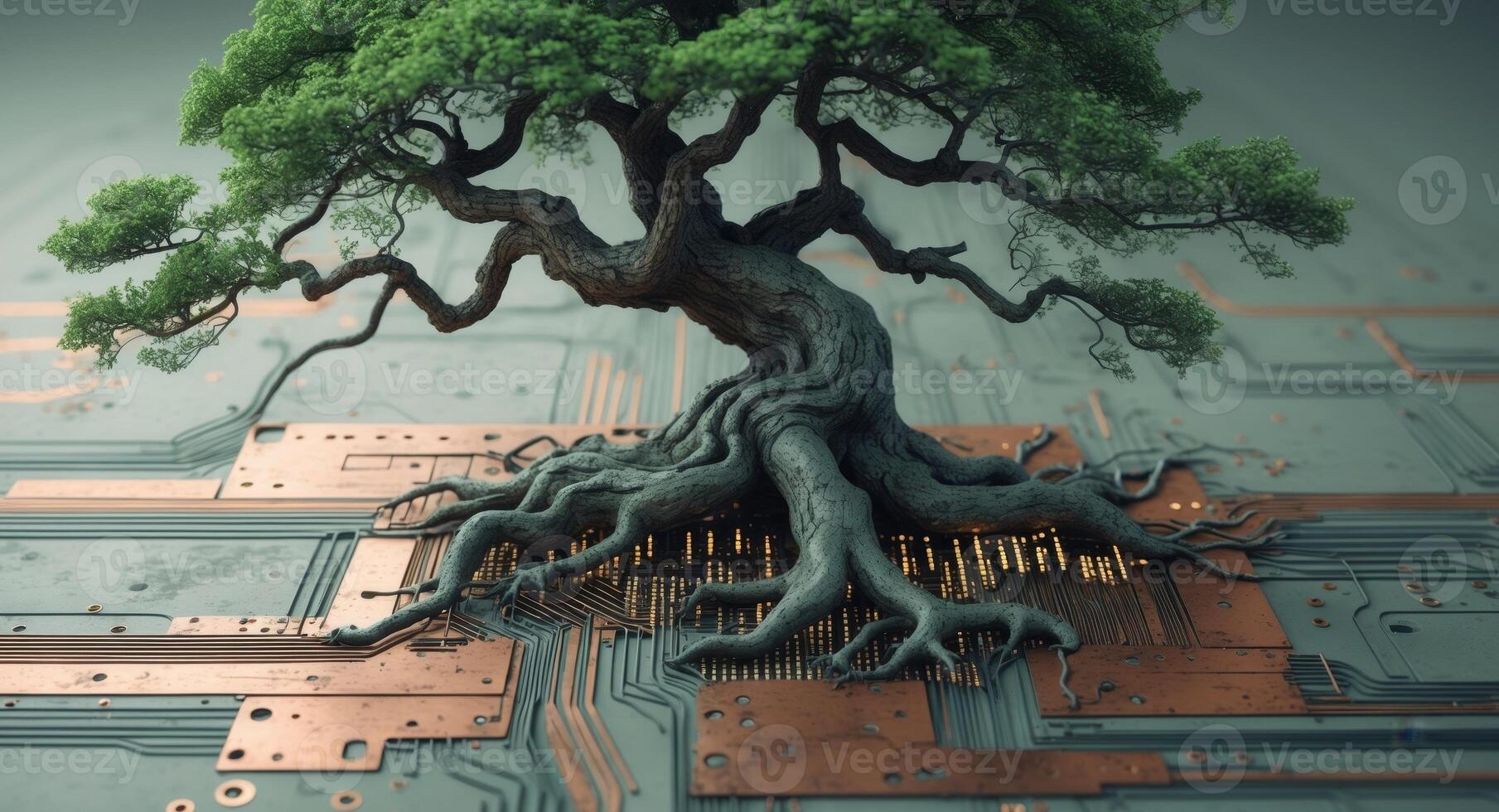 Bonsai Tree on Circuit Board. A Symbiosis of Nature and Technologys Delicate Balance photo