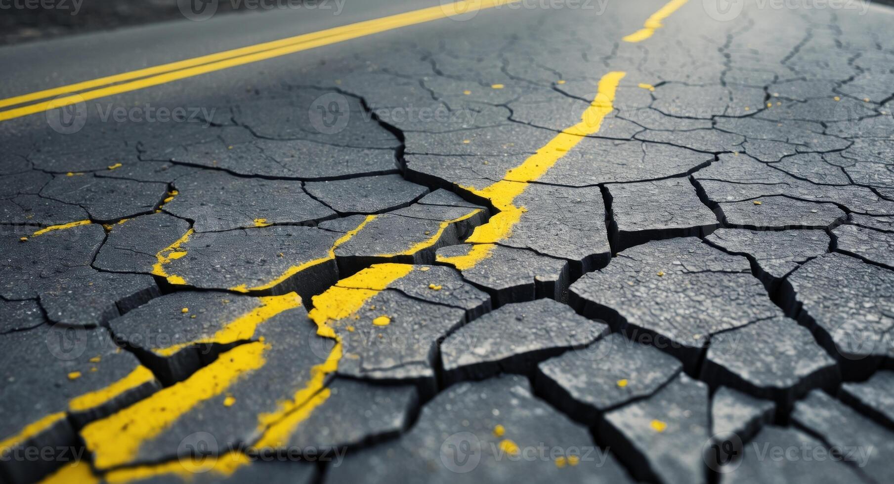 Cracked Pavement with Yellow Lines. A Road in Need of Repair and Reconstruction. photo
