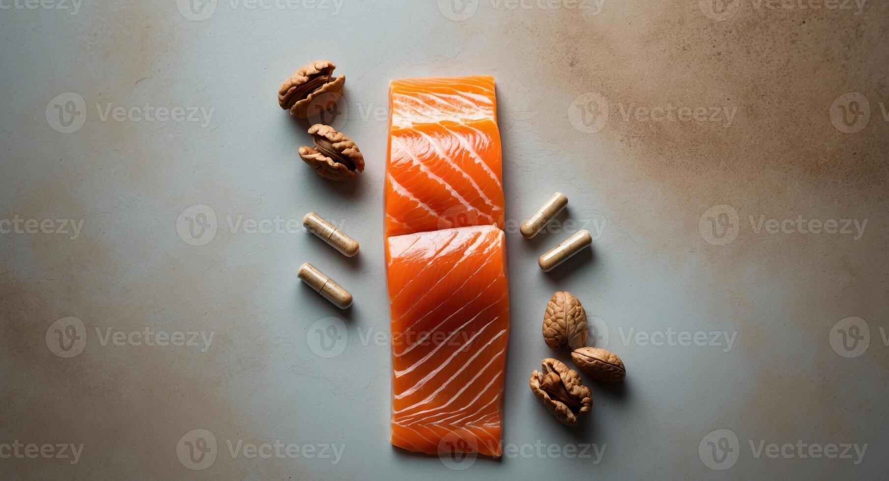 Salmon with nuts and walnuts on a gray background photo