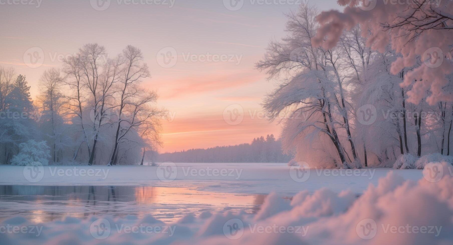 Winters Embrace. A Serene Frozen Landscape at Sunset, Featuring SnowCovered Trees. photo