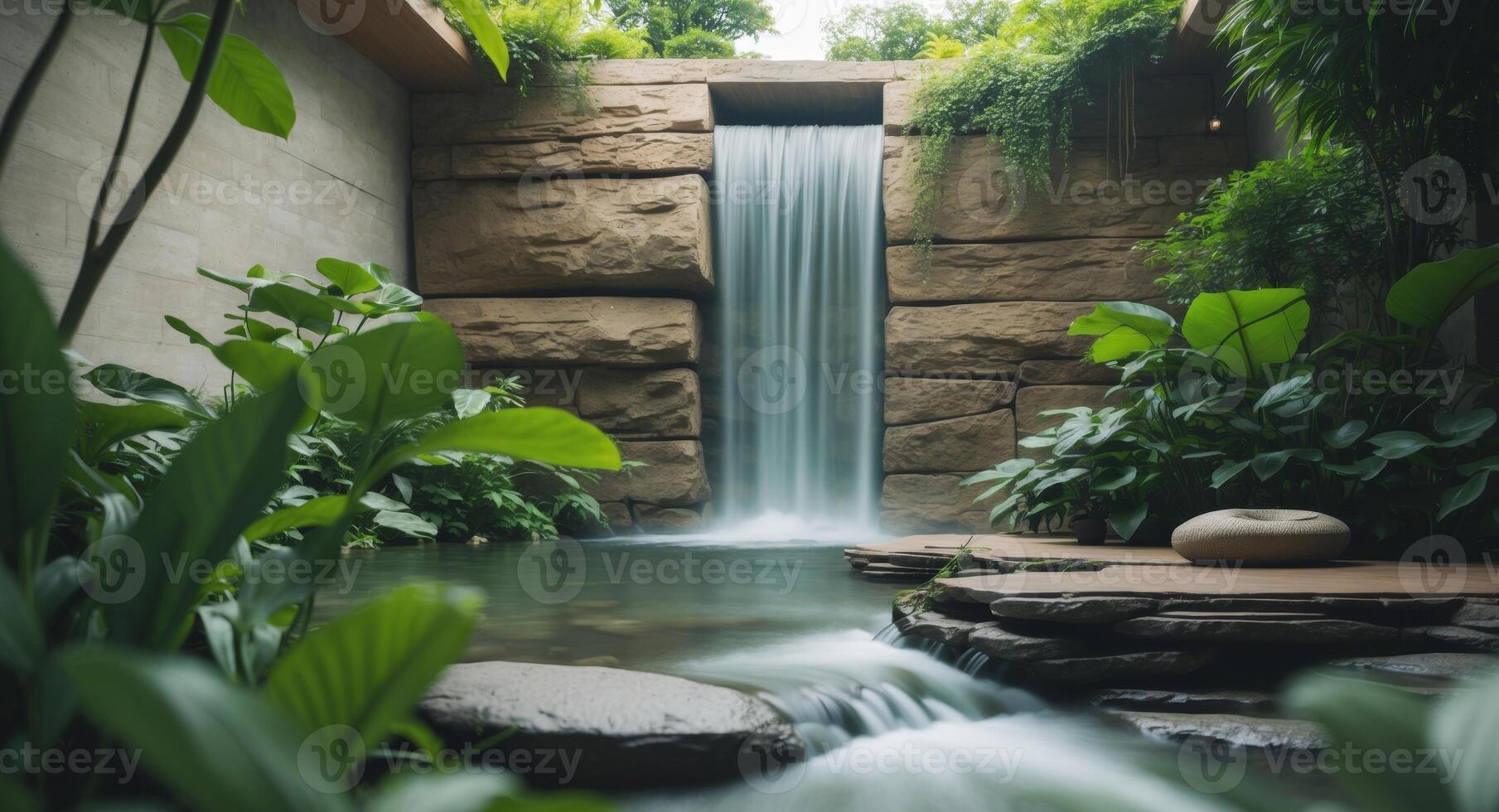 Serene Waterfall Retreat. A Natural Oasis of Calm and Tranquility with Lush Greenery. photo