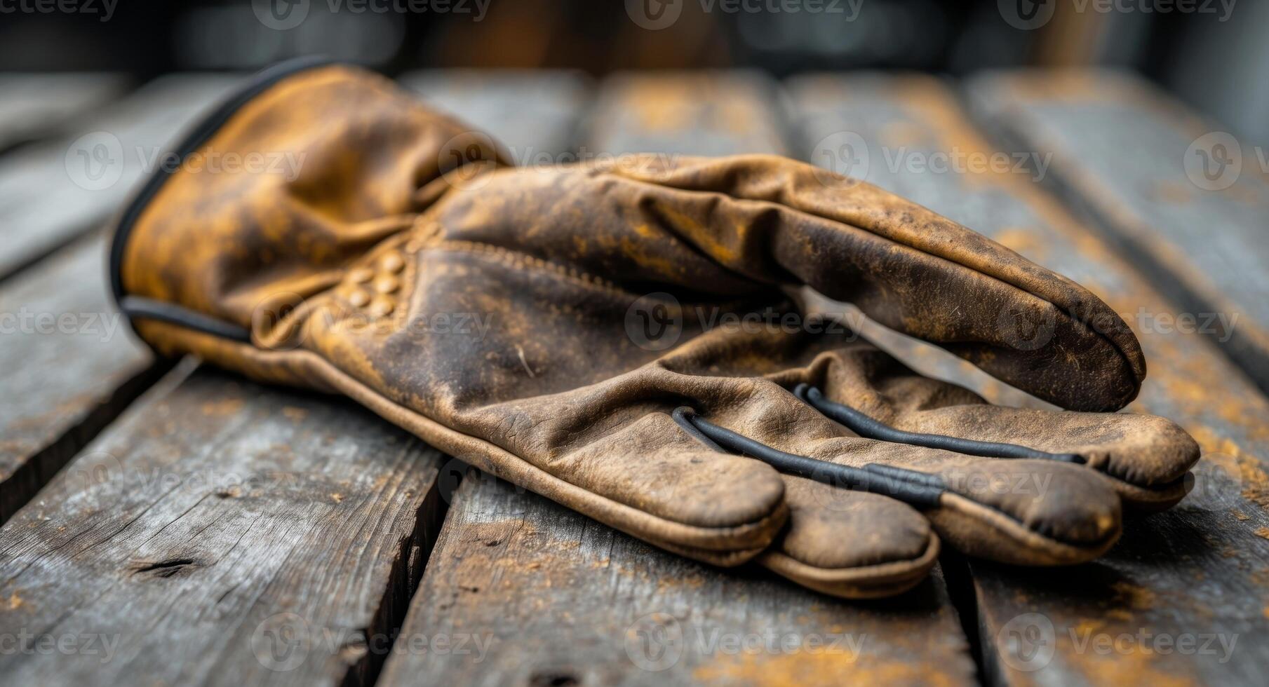 A pair of old motorcycle gloves laying on a wooden table photo