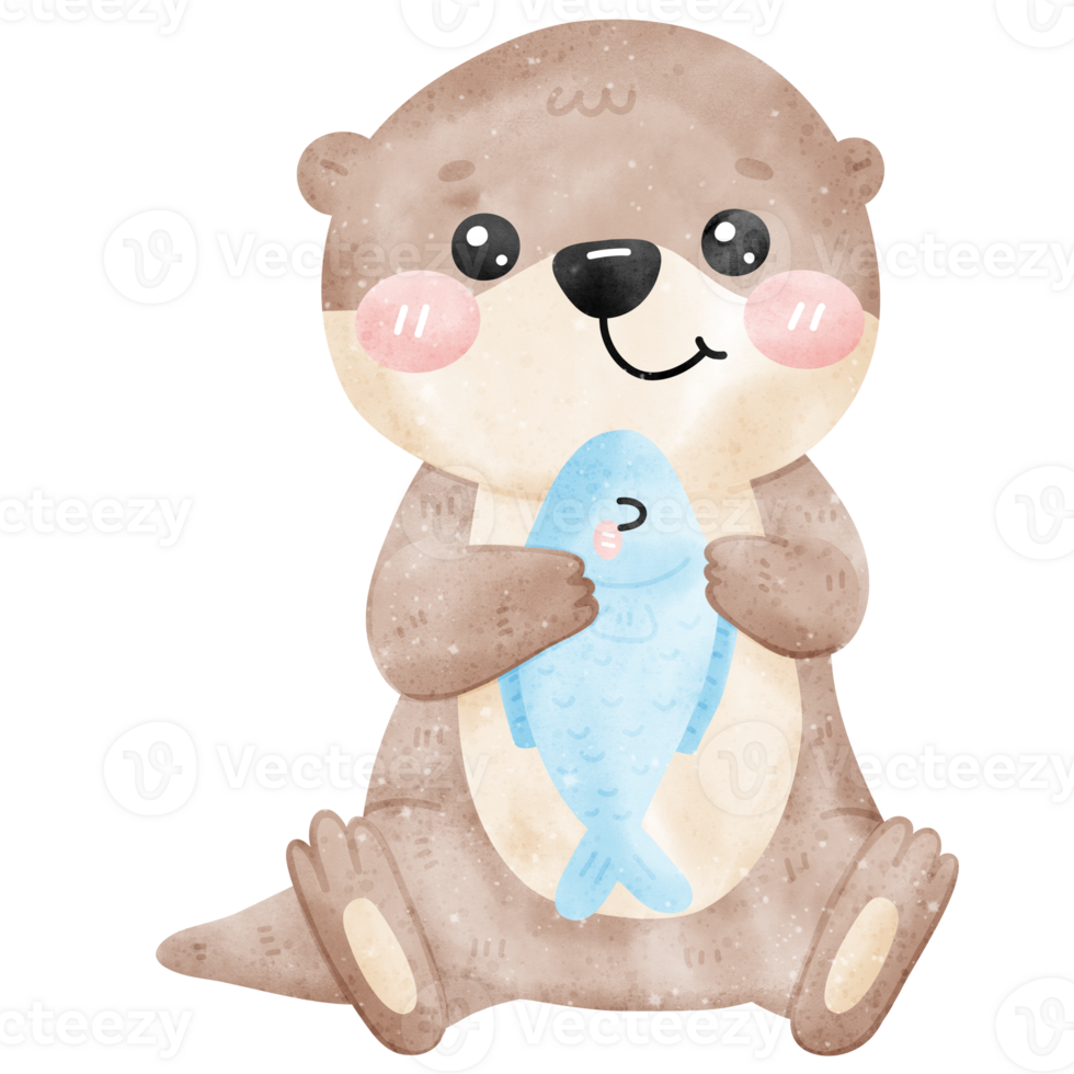 Kawaii Watercolor Otter with Fish sitting watercolor png