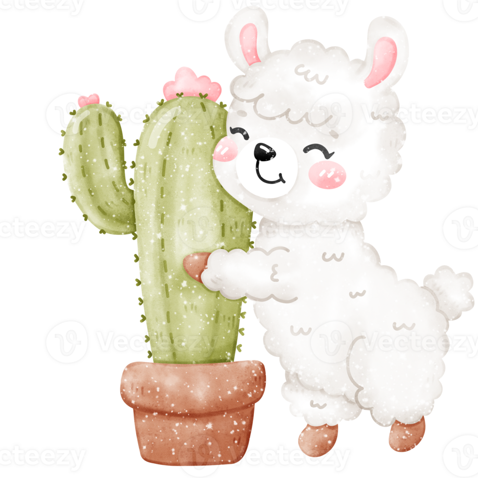 Smiling alpaca hugging plant cactus watercolor png