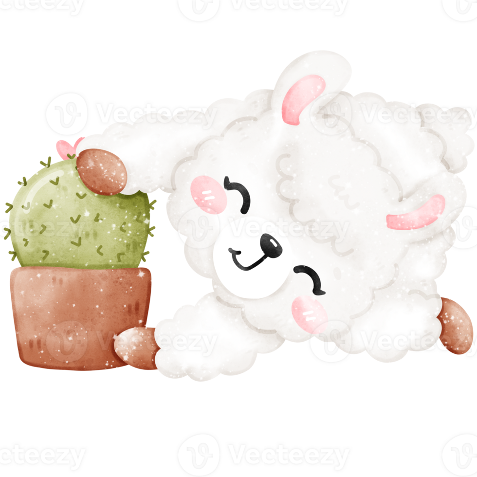 playful alpaca and cactus pot plant in watercolor png