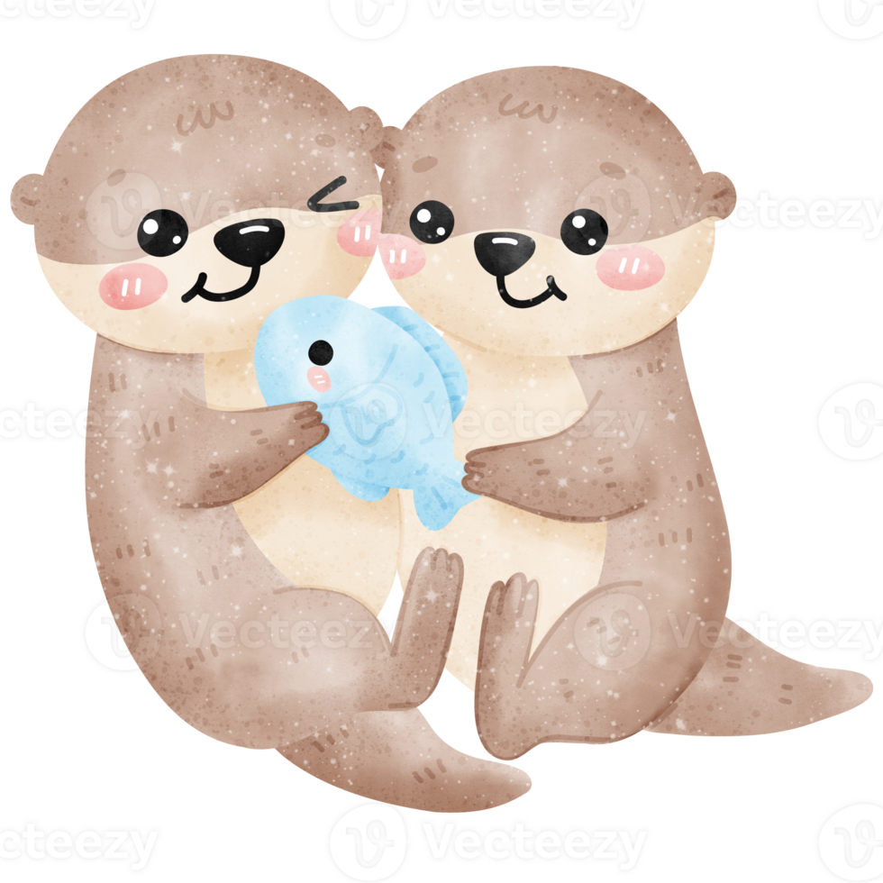 Adorable Watercolor Baby Otters Hugging with Fish watercolor png