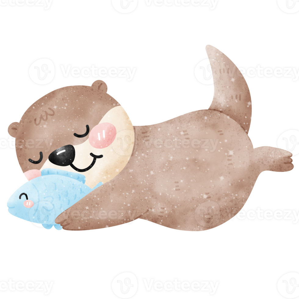 Playful Watercolor Otter Relaxing cuddling with fish friend png