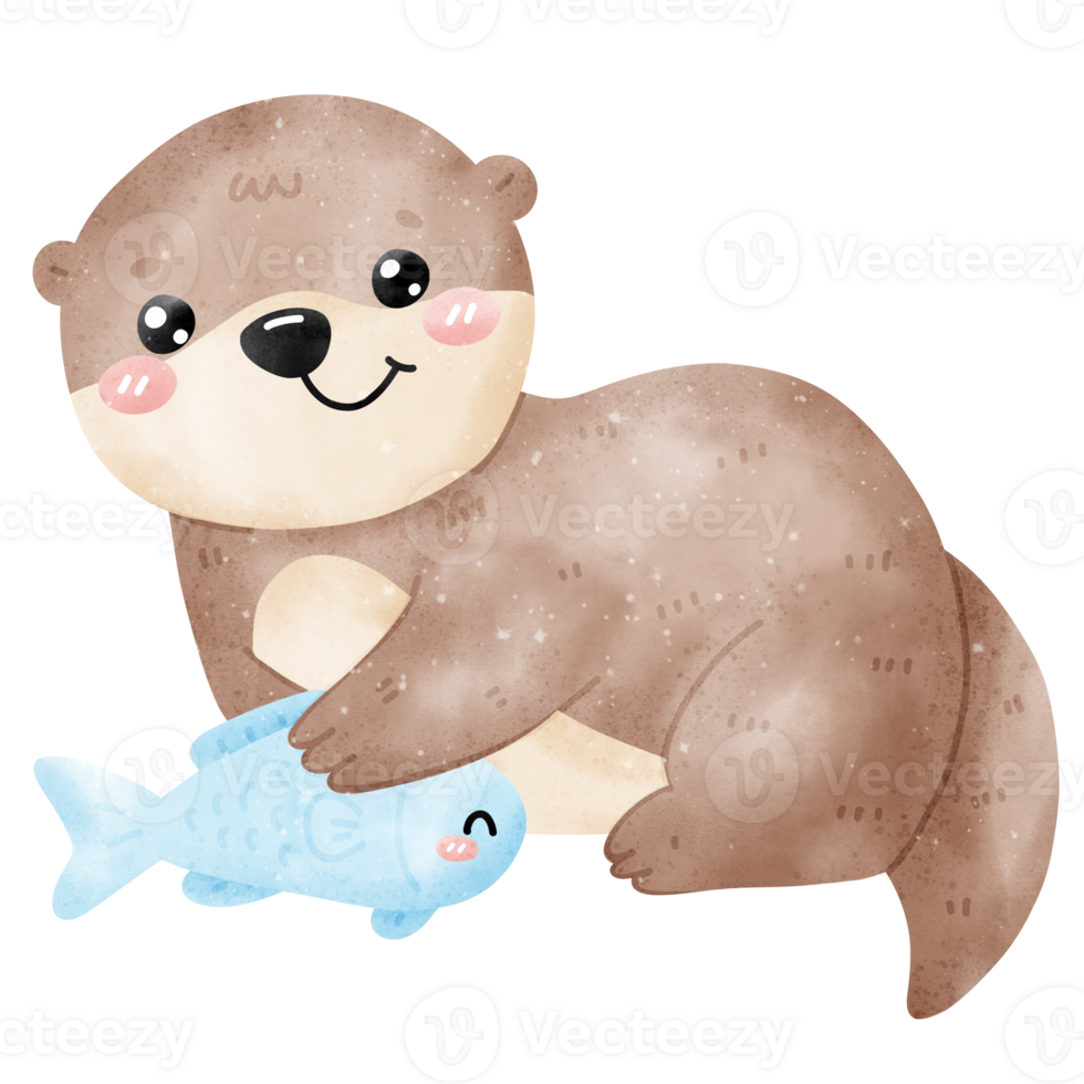 Kawaii sea otter siting with fish in watercolor png