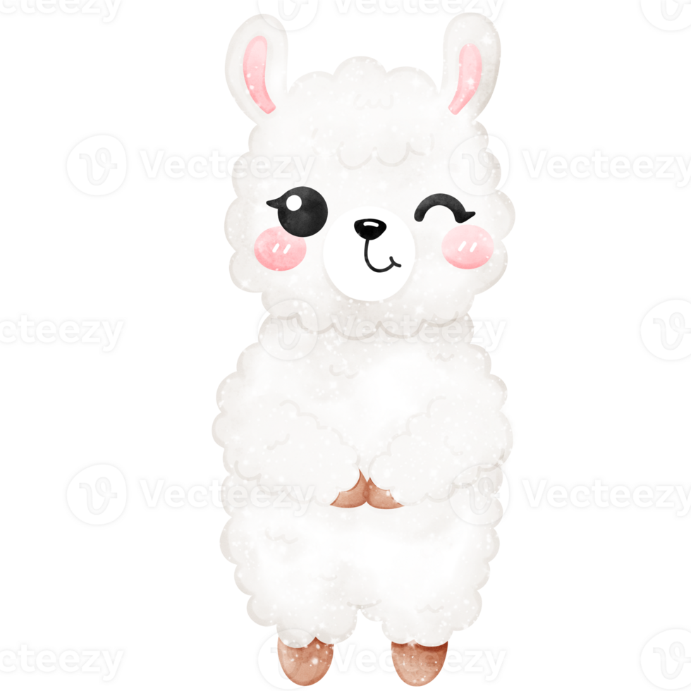 Kawaii alpaca winking and standing pose in watercolor png