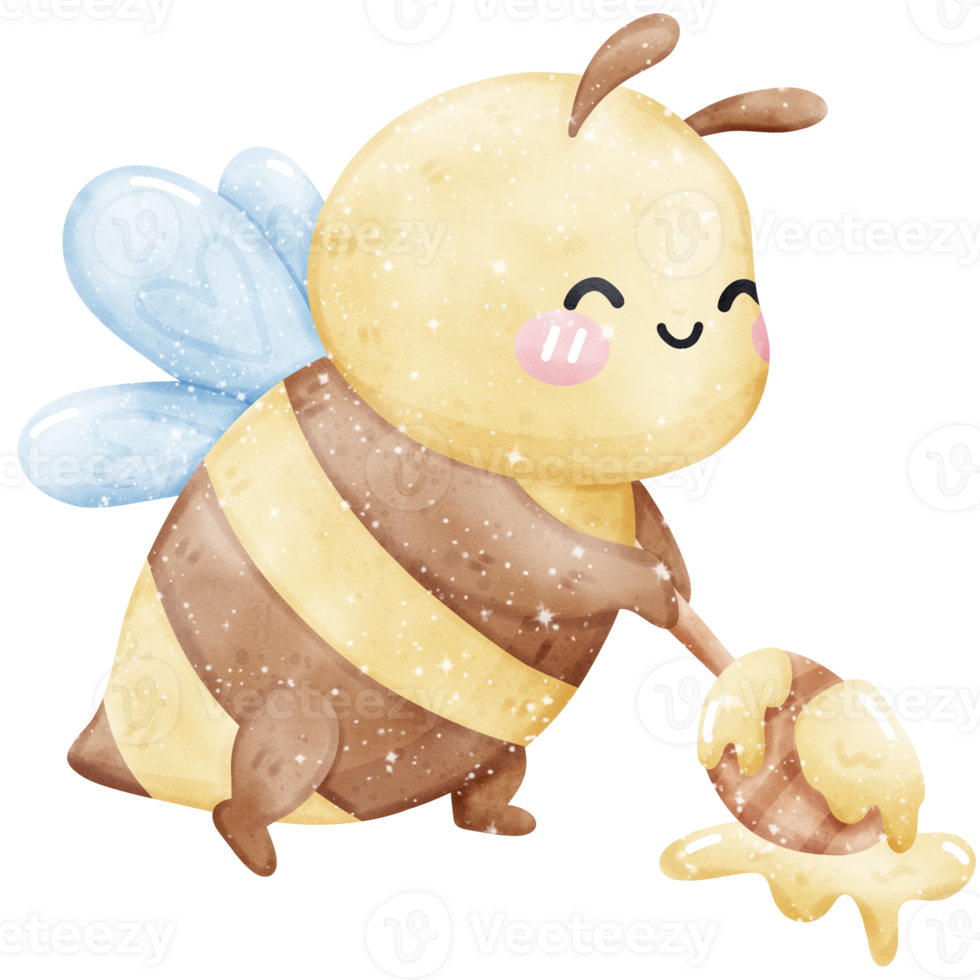 Working Cute Bee holding honey wooden stick watercolor png