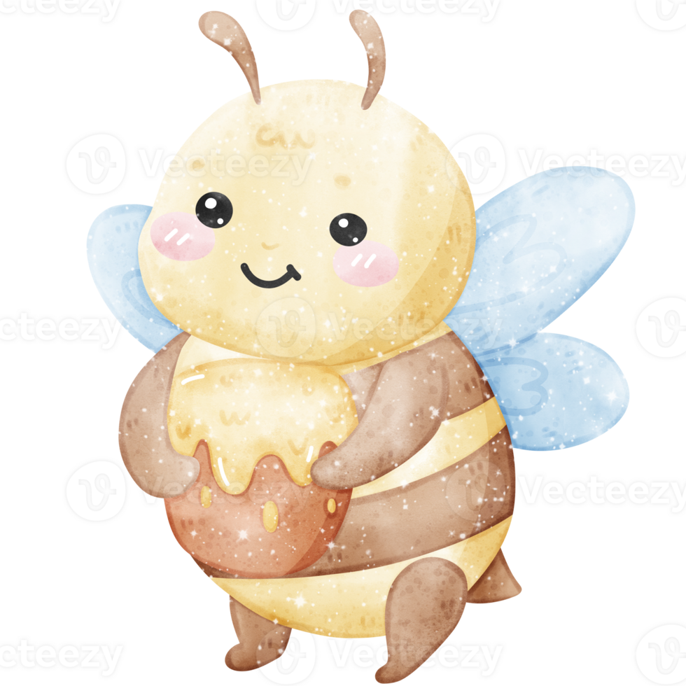 Cute bee smiling and holding honey jar in watercolor png