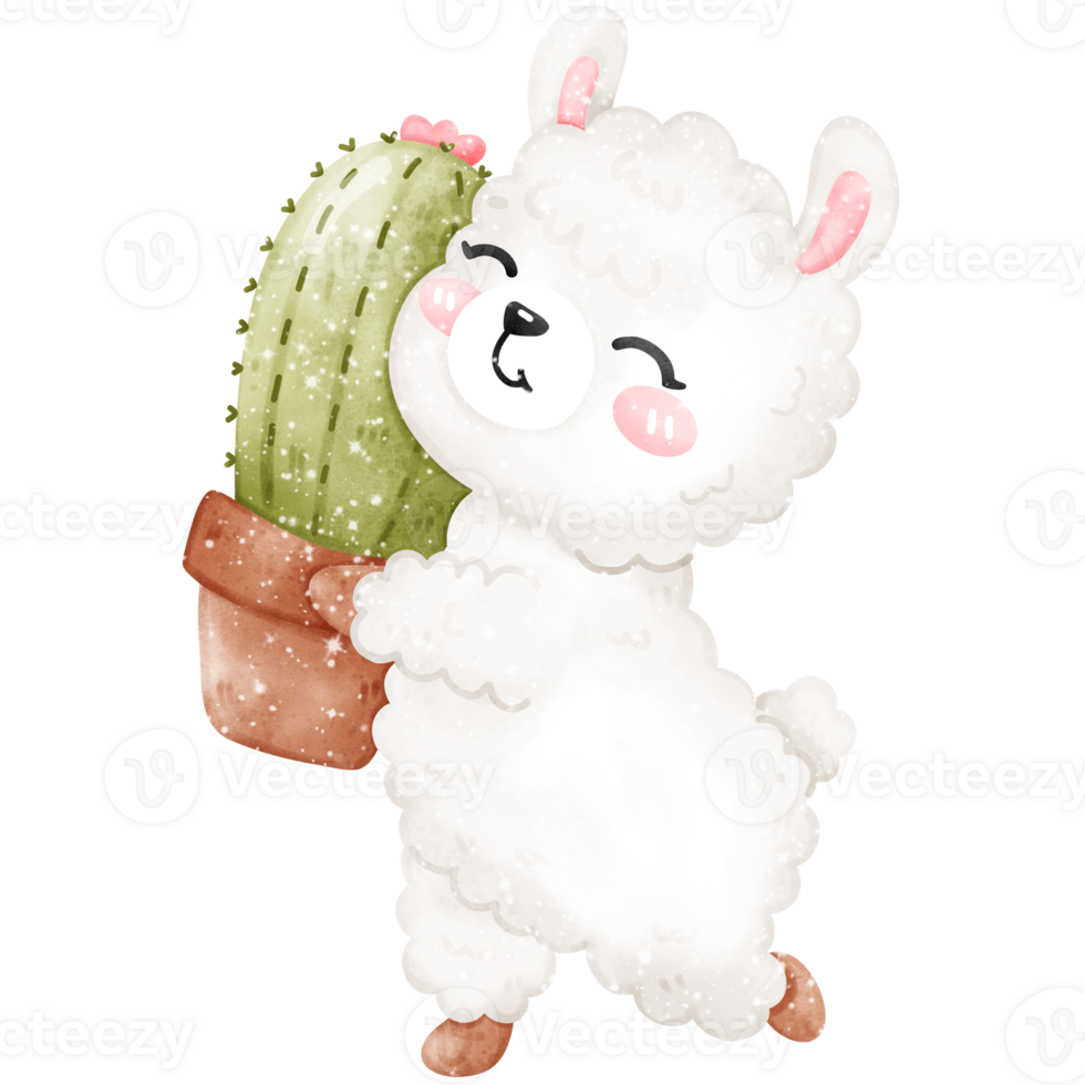 smiling alpaca holding cactus and walking png