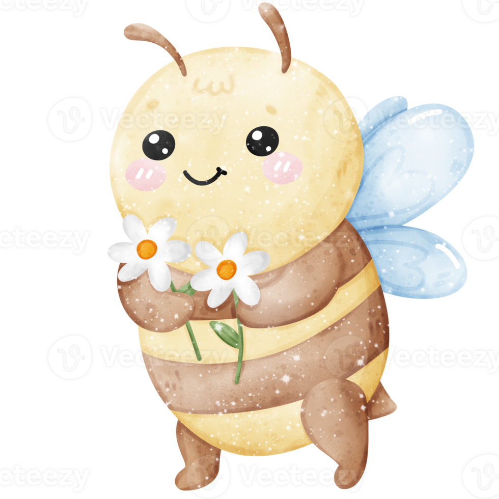 Kawaii Honey Bee holding flowers Daisy in watercolor png