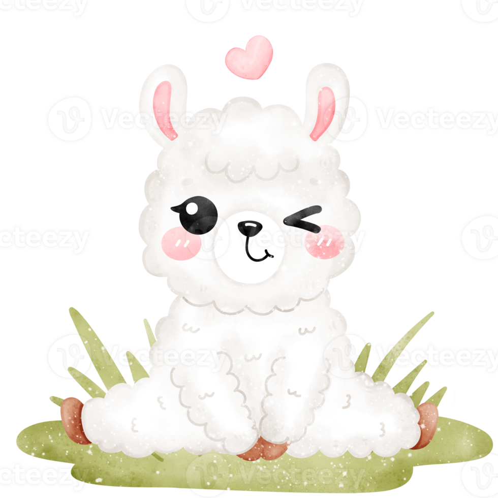Playful llama yoga pose on grass with mini heart png