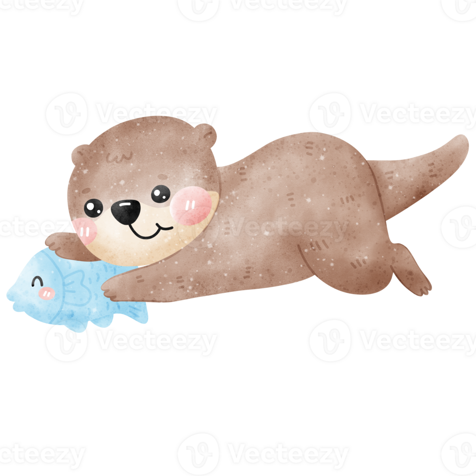 playful otter playing with fish watercolor png