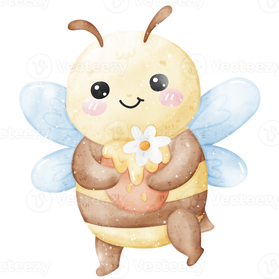 Kawaii bee and honey pot with flower watercolor style png