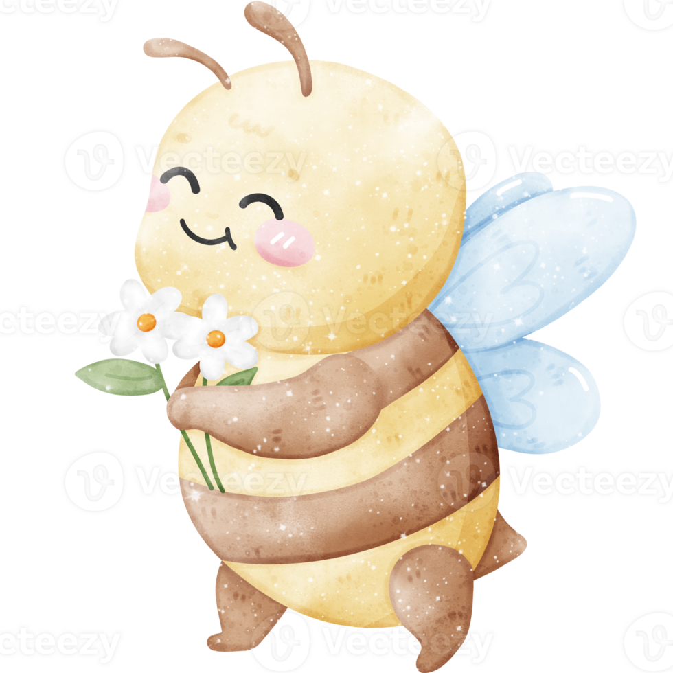 cute smile bee and flowers in watercolor style png