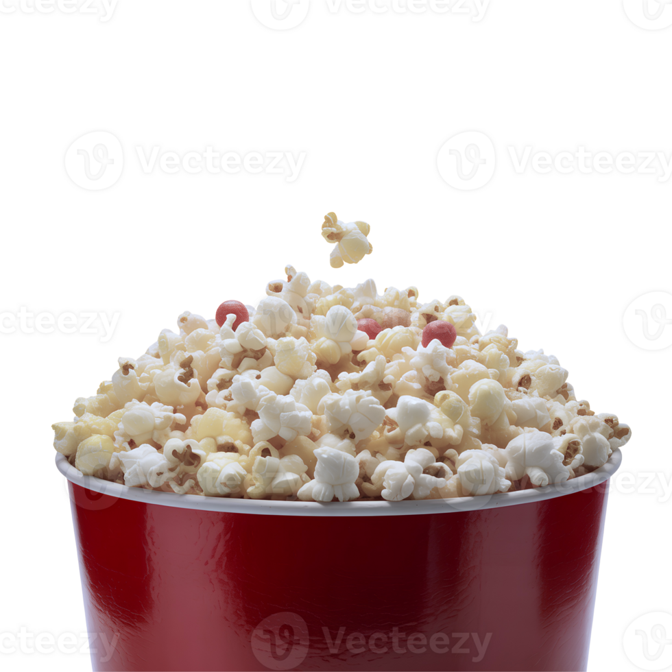 popcorn bucket, transparent background in red paper box, closeup of cinema or theater movie food for entertainment eating png