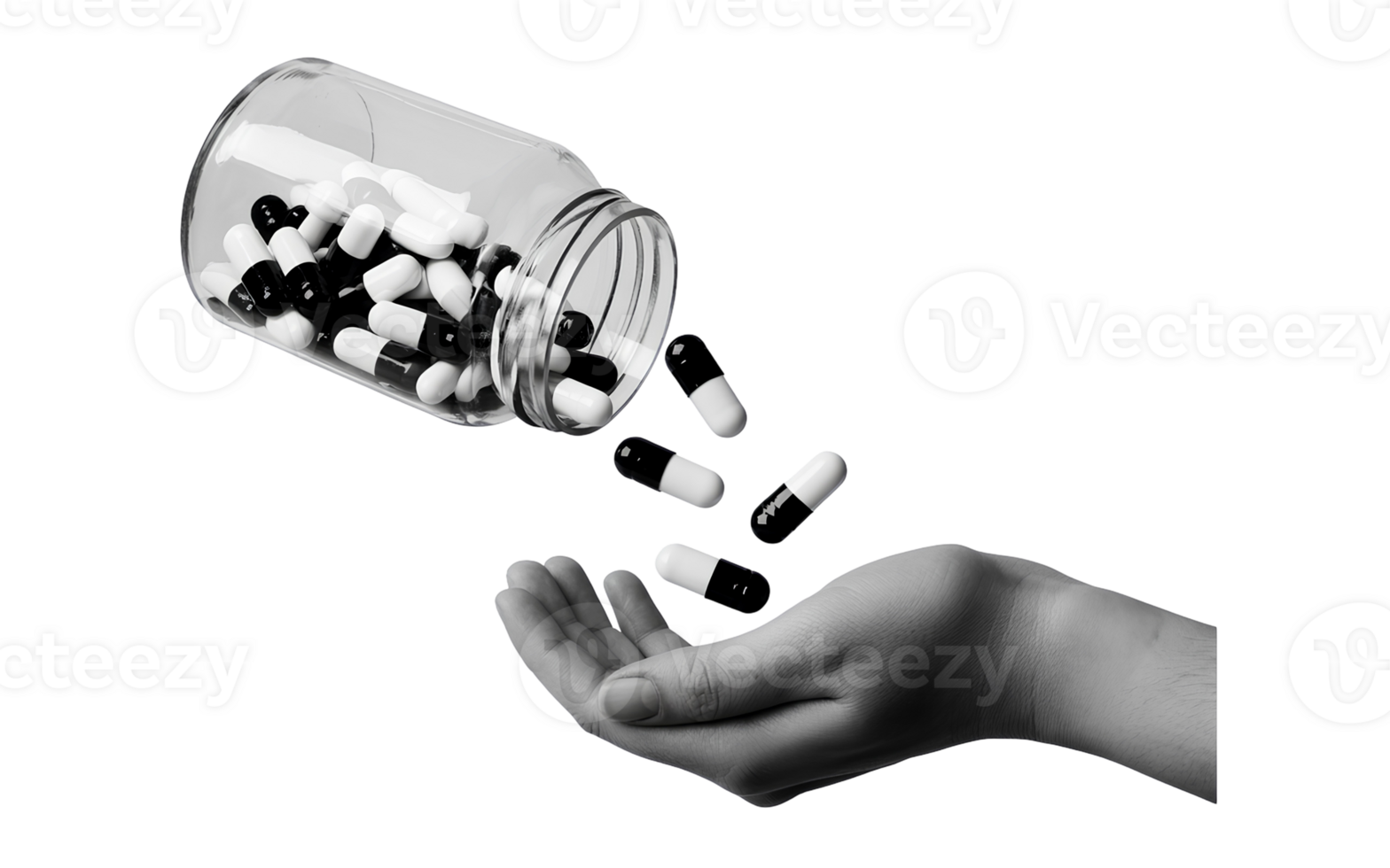 Medicine Capsules Falling from Jar into Hand Black and White Collage Illustration on Transparent Background png