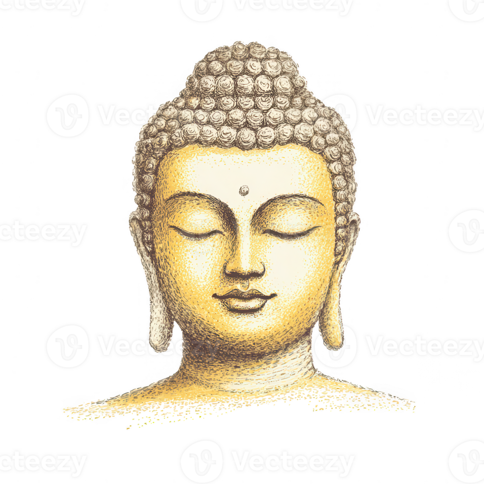 Buddha face illustration with serene expression, symbolizing peace and serenity. Ideal for meditation and spiritual themes. png