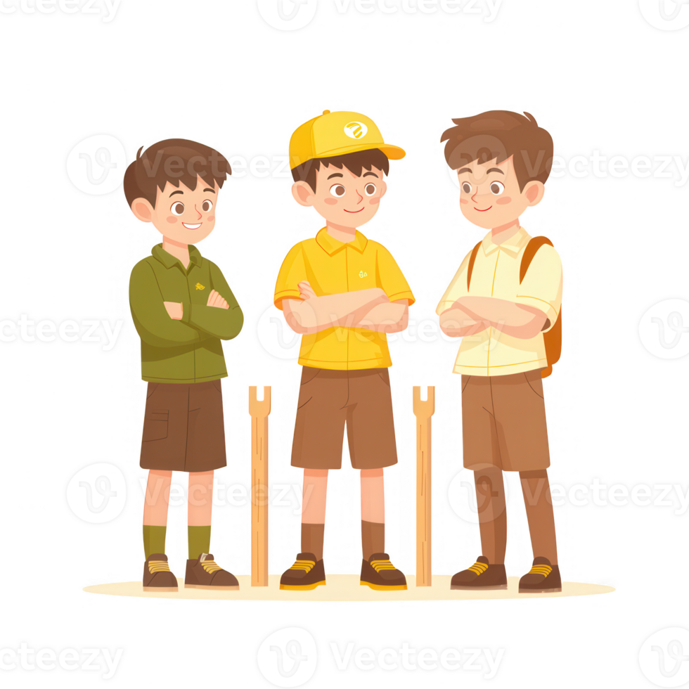 Three animated boys standing together with friendly expressions, dressed in casual summer attire, showcasing a fun and adventurous spirit. png