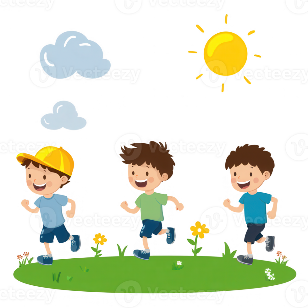 Three cheerful boys running on a sunny day, enjoying outdoor play. Bright colors and a lively atmosphere create a fun scene of childhood joy. png