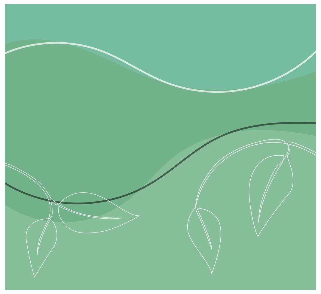 Clean and calming green background featuring flowing organic shapes and elegant white lined leaves. A minimalist and fresh look with a natural touch. vector