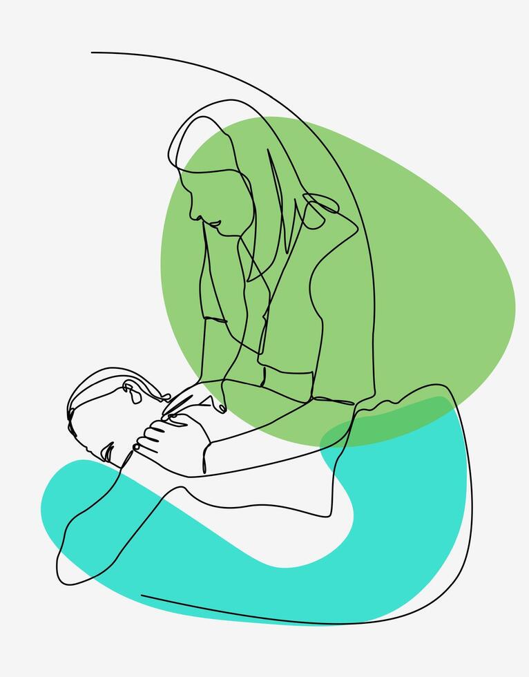 Minimalist one stroke line illustration depicts a spa therapist giving a massage to a client, complemented by calming green and blue abstract shapes. vector