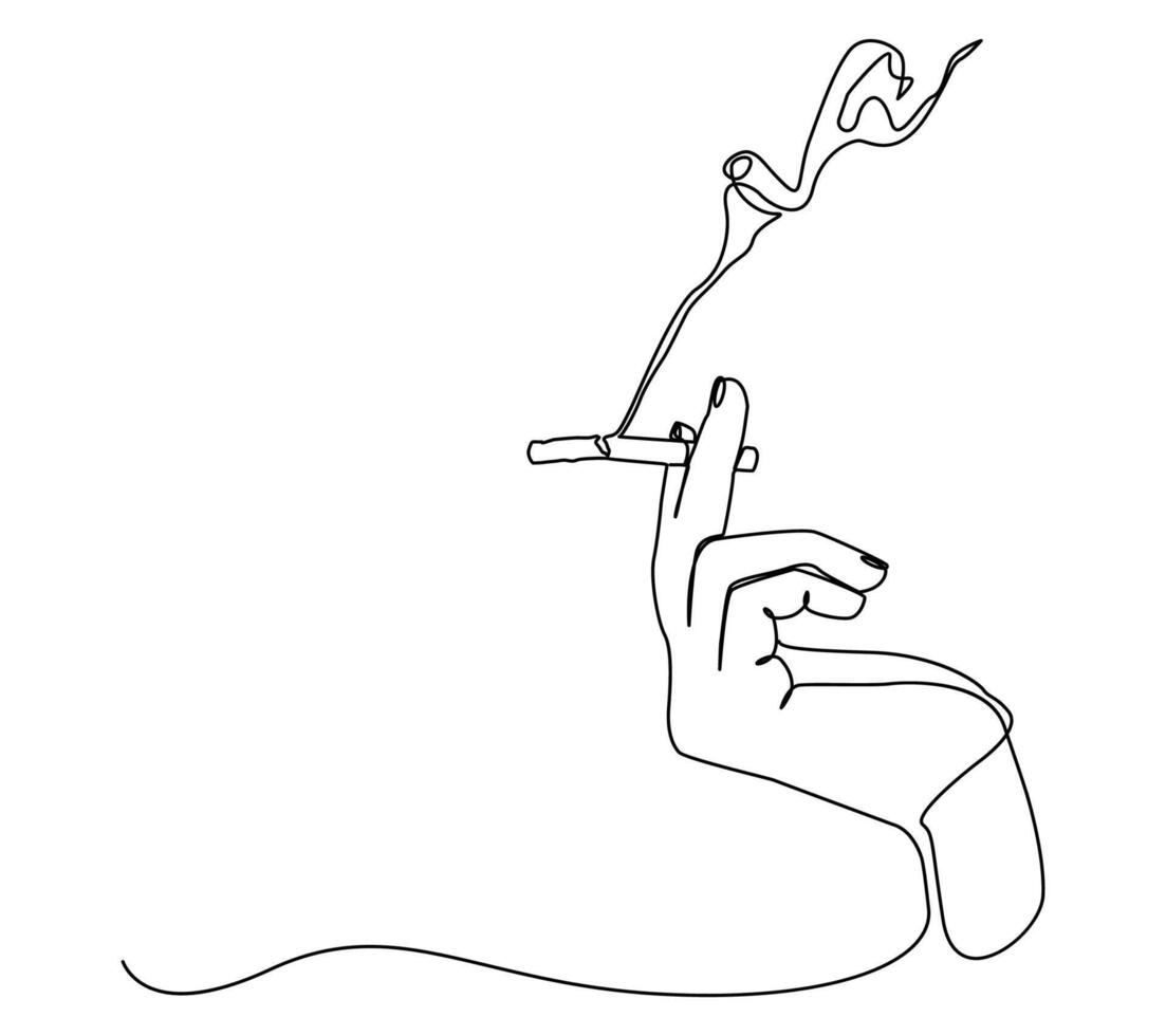 Minimalist single line drawing depicting a human hand holding a cigarette with smoke. Elegant and modern illustration. vector
