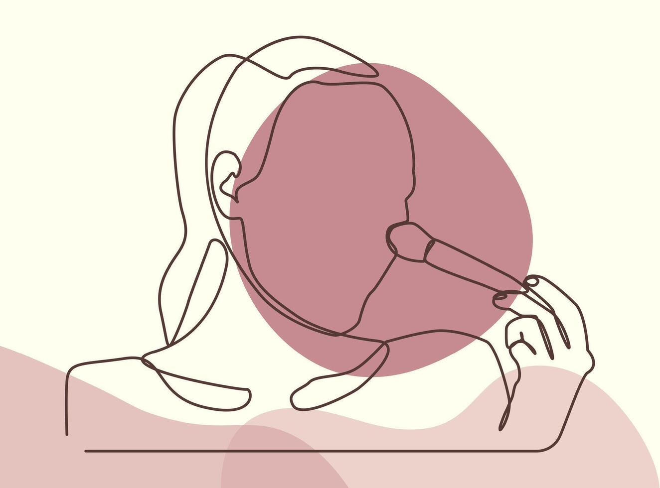 Minimalist single line illustration depicts a woman applying makeup using a makeup brush. Combining soft color elements, elegant, feminine, and modern nuances. vector