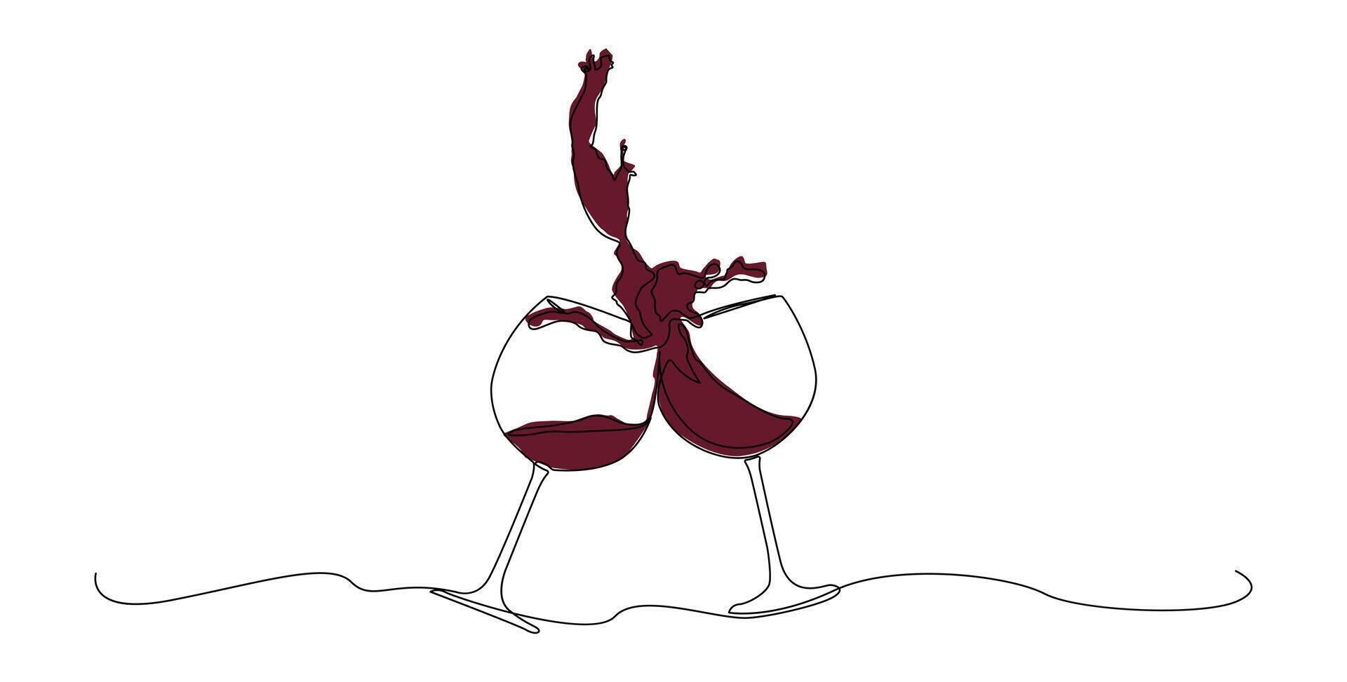 Elegant one line drawing of two wine glasses clinking with dramatic splash effect. Perfect for celebration themes, romantic occasions etc. vector