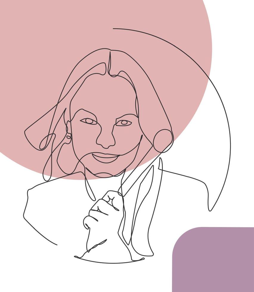Modern one stroke line drawing of a business woman with stylish looks and determined expression. Pastel abstract shapes enhance the composition. vector