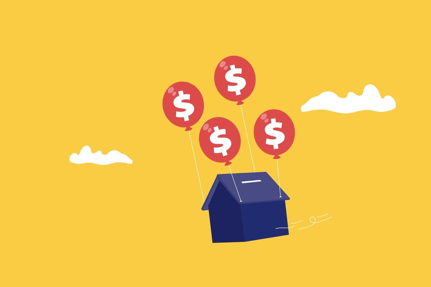 Balloon lifting home up with dollar sign and floating in the air. concept of rising prices, economy, finances and inflation vector