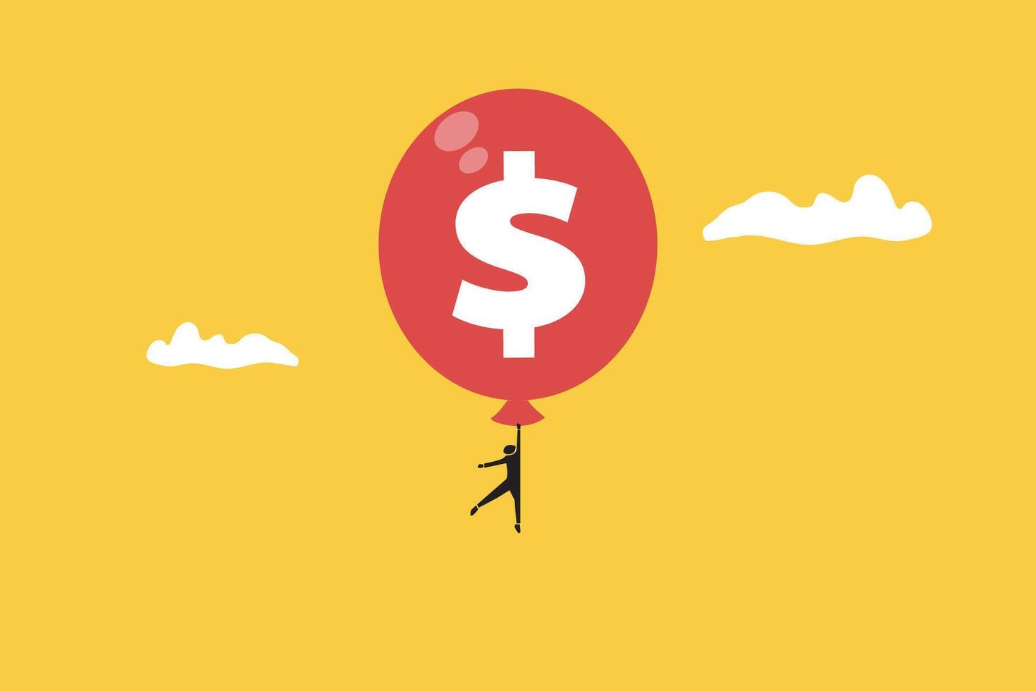 Balloon lifting Businessman up with dollar sign and floating in the air. concept of rising prices, economy, finances and inflation vector