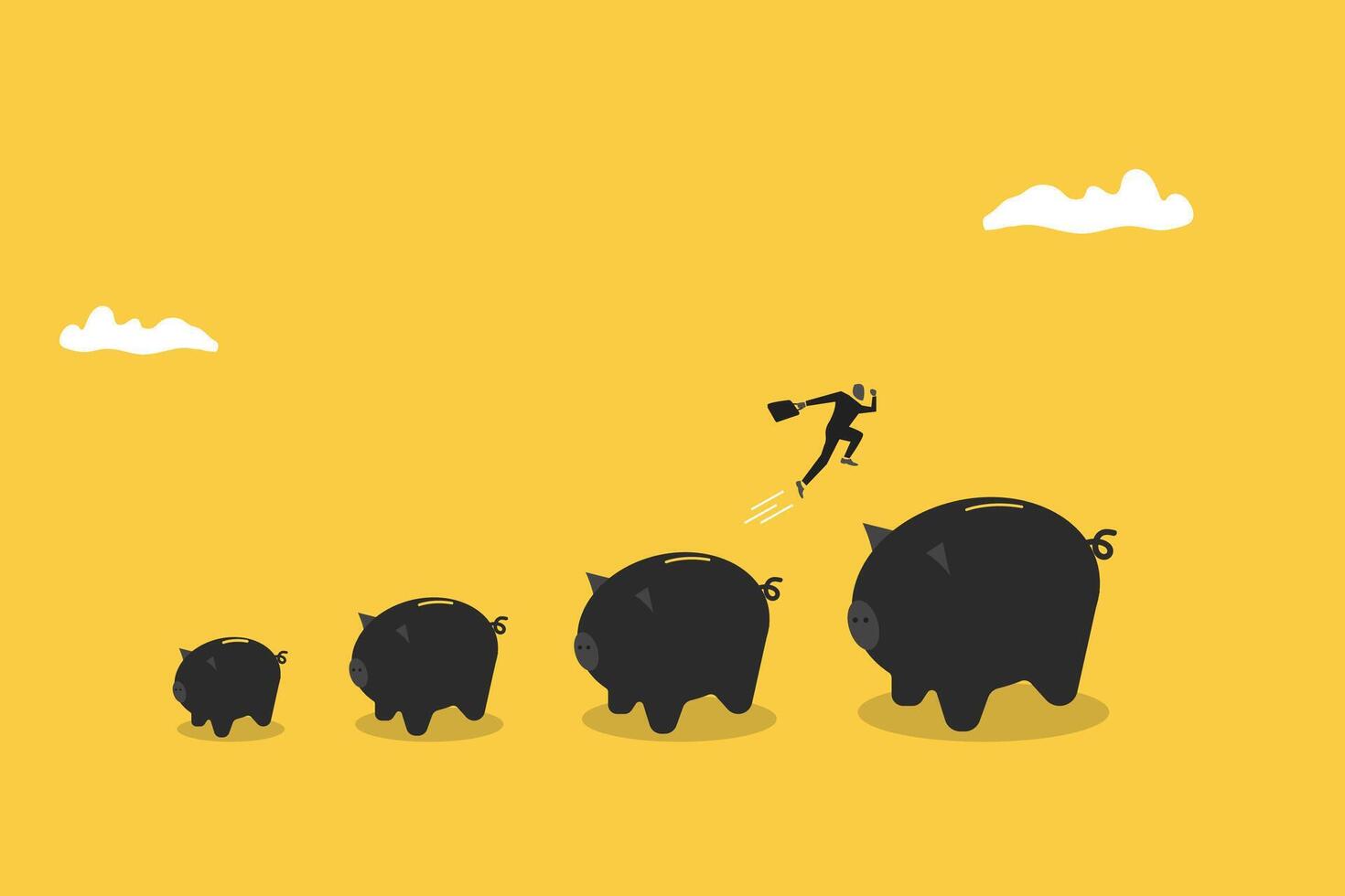 Businessman jumping on from small piggy bank to bigger profit. concept of Investment, savings growth, profit increase, making more money and collect more wealth vector