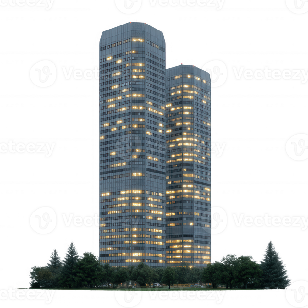 Modern skyscrapers illuminated at night with surrounding trees, creating a striking urban landscape. png