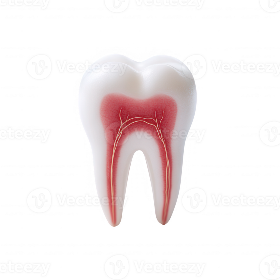 Realistic dental model depicting a cross-section of a human tooth showcasing its anatomy and structure. Ideal for educational purposes and dental hygiene awareness. png