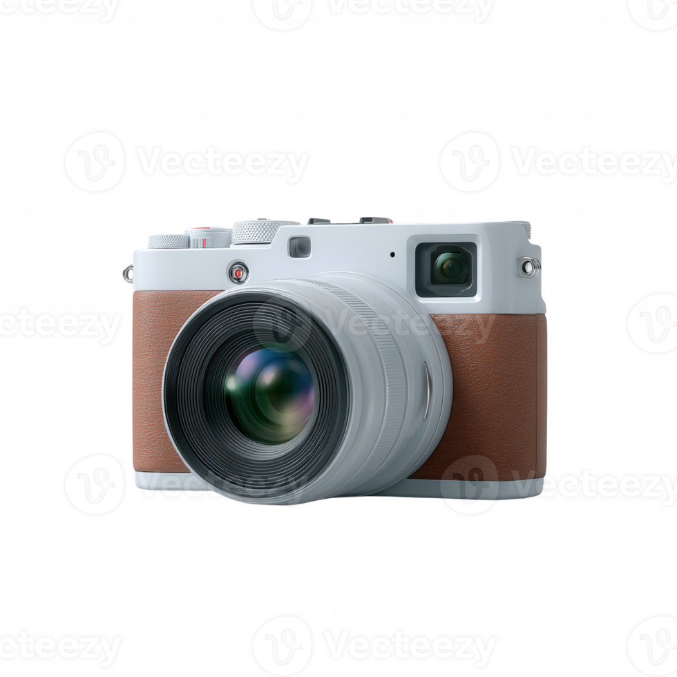 Modern camera with a stylish design, featuring a white body and brown leather accents, suitable for photography enthusiasts and professionals. png
