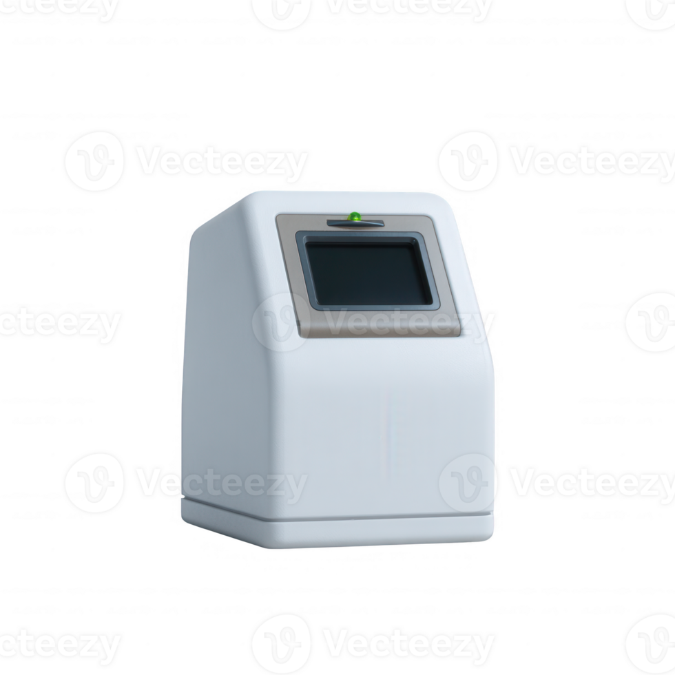 Modern white kiosk with a touchscreen interface, ideal for self-service applications in various environments, including retail and informational purposes. png