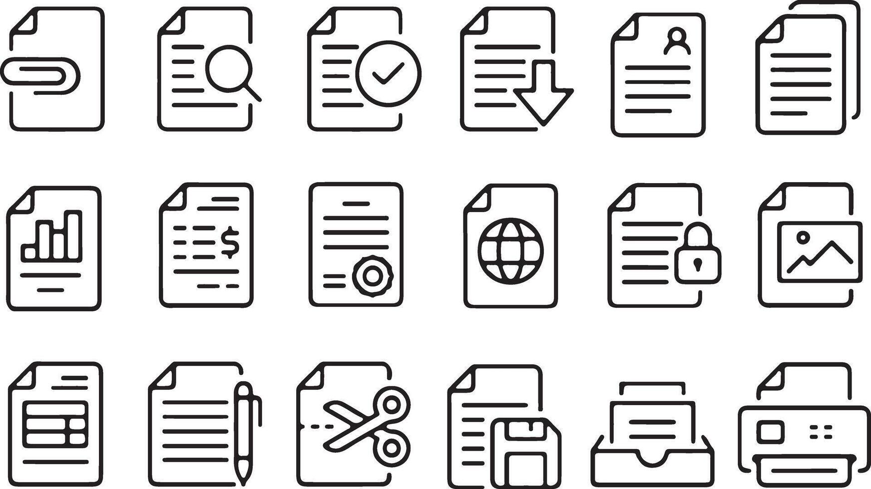 Thin line icon set of document file folder form sheet report record attachment invoice checklist. Symbol collection. Pixel perfect icons, editable stroke. vector