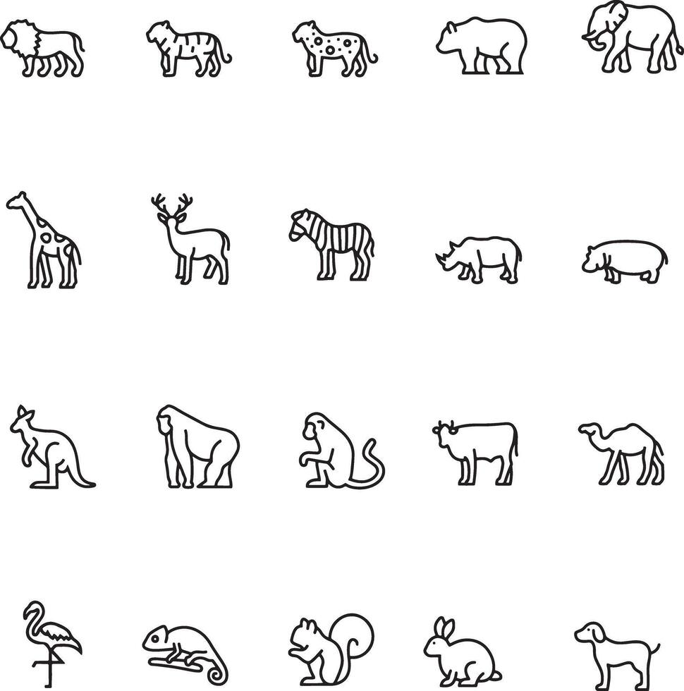 Icon set of wildfile animals of Africa safari zoo. Editable stroke. Thin line icons collection, flat illustrations. vector
