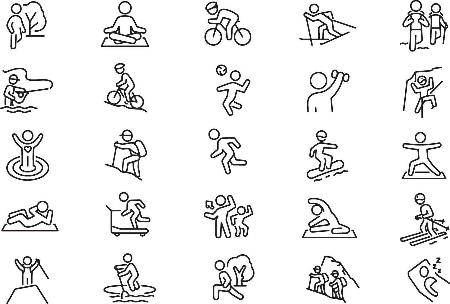 Icon set of adventure sports physical activity active lifestyle. Editable stroke. Thin line icons collection, flat illustrations. vector
